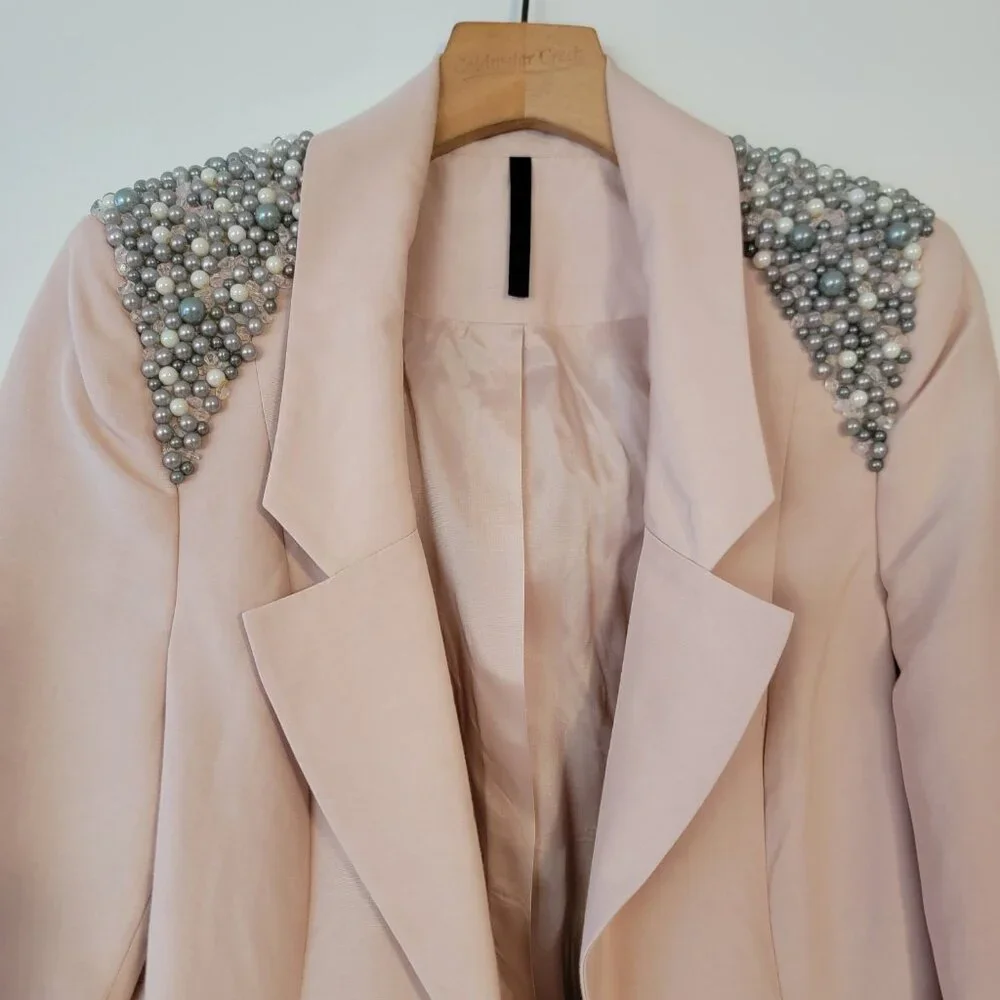 ASOS Design Blazer‎ Baby Pink Open Assymetric Beaded Shoulders Us Sz 10 UK 14